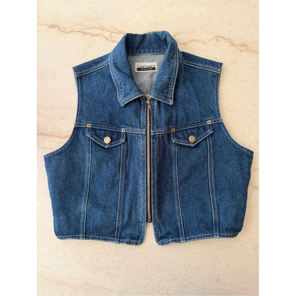 Vintage Contempo Casuals Blue Denim Zip Front Vest
